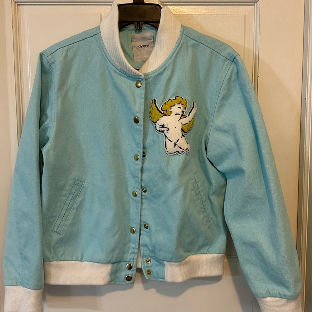 JOYRICH Cupid cherubim Patch bomber jacket light blue size large‎ **RARE**